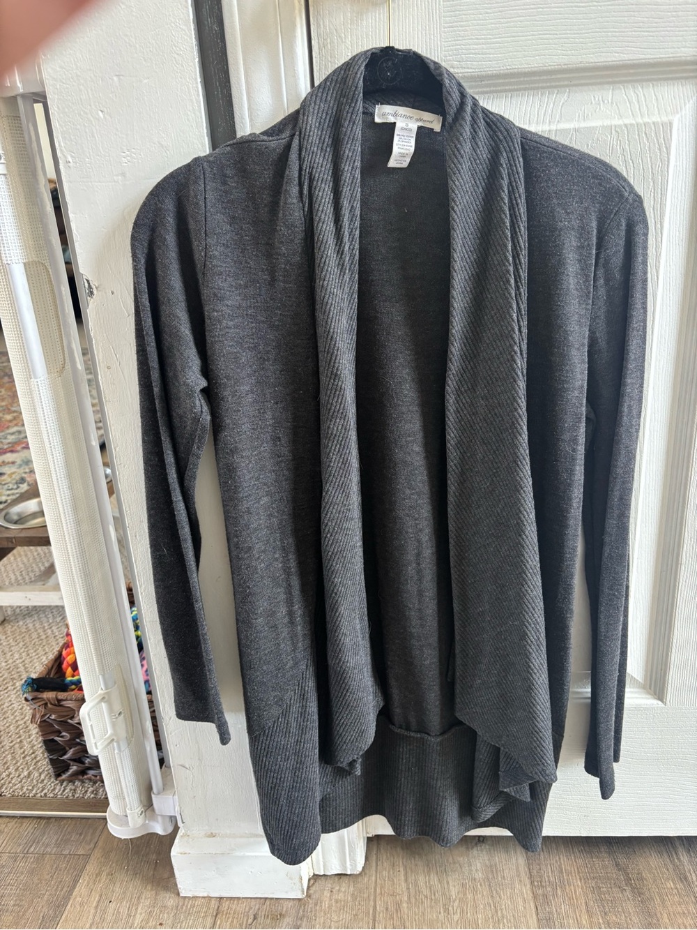 Ambiance Apparel Charcoal Gray Draped Open Front Cardigan